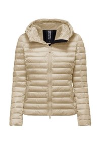 Giacca puffer beige con texture trapuntata orizzontale, chiusura con zip e cappuccio. Realizzata in materiale lucido e leggero con tasche laterali.