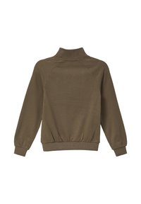 Olijfgroen sweatshirt met een hoge kraag, ribbelzoom en -manchetten, en raglanmouwen. De stof is glad met een subtiele textuur.