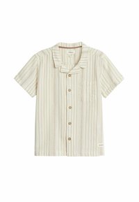 Korte mouwen shirt in lichtcrème met verticale strepen. Heeft een knoopsluiting aan de voorkant, een borstzak en een camp collar-design.