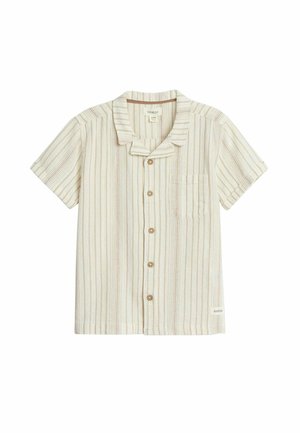 Korte mouwen shirt in lichtcrème met verticale strepen. Heeft een knoopsluiting aan de voorkant, een borstzak en een camp collar-design.