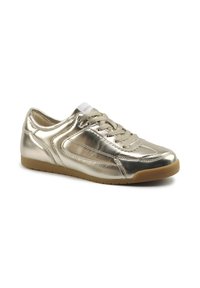 Sneakers metalice aurii cu un finisaj neted, având un design cu șireturi, talpă din cauciuc și accente laterale discrete.