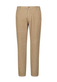 Beige Cordhose mit vertikalen Streifen, geradem Bein, Knopfverschluss und Fronttaschen. Weicher Stoff und klassischer Schnitt.