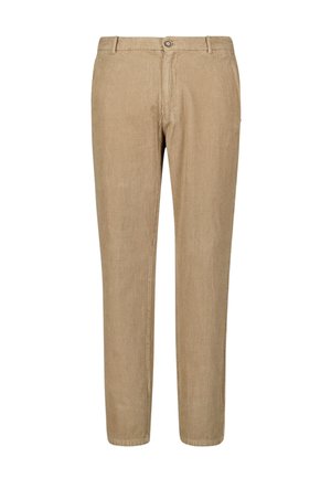 Beige corduroy trousers featuring vertical stripes, a straight-leg design, button closure, and front pockets. Soft texture and classic fit.
