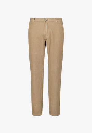 Beige Cordhose mit vertikalen Streifen, geradem Bein, Knopfverschluss und Fronttaschen. Weicher Stoff und klassischer Schnitt.
