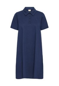 Mörkblå pikétröja i mjukt tyg med krage, korta ärmar, knappslå med fem knappar och en liten broderad logotyp.