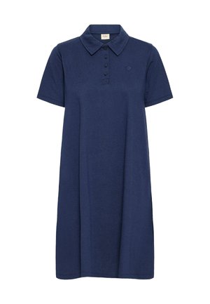 Tumesinine polo kleit, mis on valmistatud pehmest kangast, millel on kraega kaelus, lühikesed varrukad, viie nupuga sulgemine ja väike tikandiga logo.