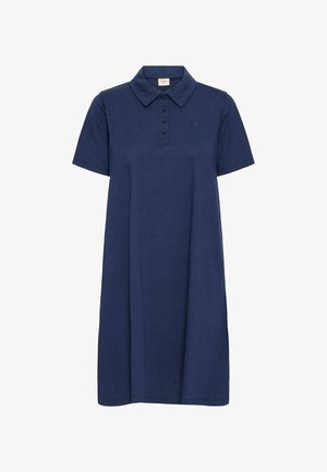 Tumesinine polo kleit, mis on valmistatud pehmest kangast, millel on kraega kaelus, lühikesed varrukad, viie nupuga sulgemine ja väike tikandiga logo.