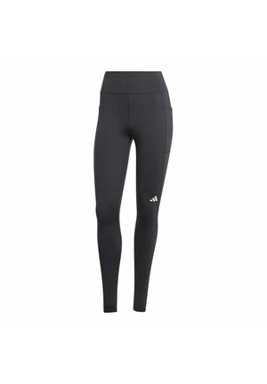 Black athletic leggings with a high waistband, featuring a side pocket and a white logo on the lower left leg. Material appears breathable.