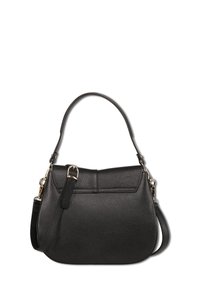 Zwarte leren handtas met een gestructureerde afwerking, ronde vorm, korte handgreep en afneembare schouderriem. Gouden hardware accenten.