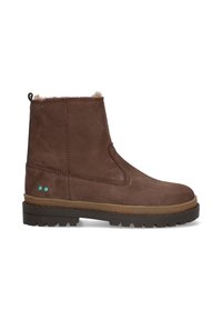 Bruine suède enkellaarzen met een gestructureerde buitenkant, zachte bontvoering en een geribbelde rubberen zool. Twee teal accenten bij de hiel.