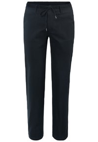 Schwarze Hose aus einem weichen, leichten Stoff; verfügt über einen elastischen Bund mit Kordelzug, gerade Beine und keine sichtbaren Taschen.