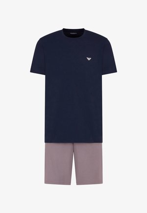 Navy cotton t-shirt with short sleeves and a small logo, paired with light gray cotton shorts, featuring an elastic waistband and straight cut.
