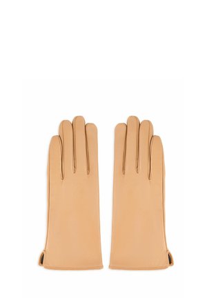 Rękawiczki ze skóry w kolorze jasnobrązowym, z pięcioma palcami, wyróżniające się starannie przeszytymi detalami, gładką fakturą oraz krótkimi otworami przy nadgarstku.