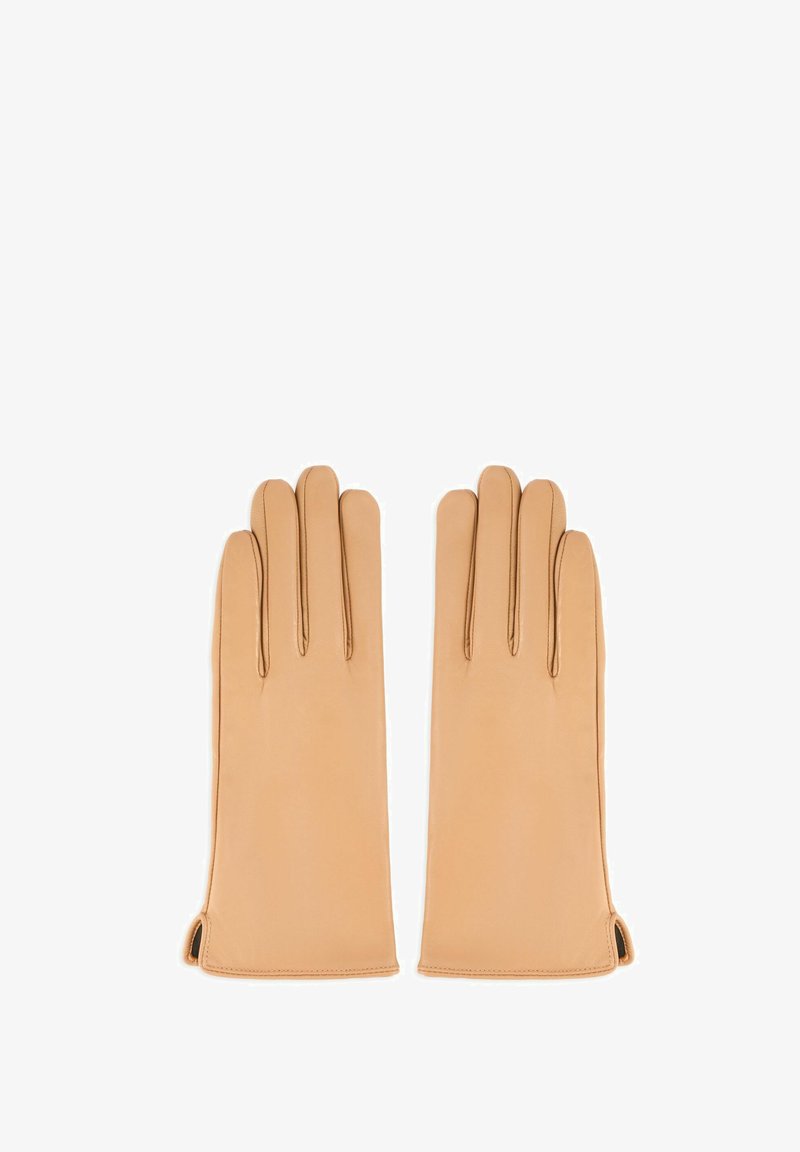 Rękawiczki ze skóry w kolorze jasnobrązowym, z pięcioma palcami, wyróżniające się starannie przeszytymi detalami, gładką fakturą oraz krótkimi otworami przy nadgarstku.
