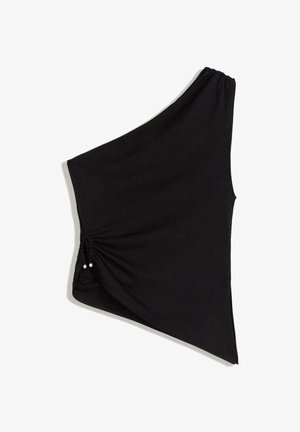 Mustapäinen olkaimeton toppi, joka on valmistettu pehmeästä kankaasta. Siinä on kokoontunutta yksityiskohtaa, jossa on kaksi koristeellista helmeä sivussa. Epäsymmetrinen muotoilu.