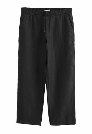 Fekete laza fazonú nadrág elasztikus derékrésszel, húzózsinórral, egyenes szárakkal és oldalzsebekkel, fehér háttéren.