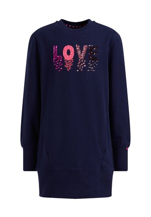 Granatowa długa bluza w formie sukienki z napisem "LOVE" ułożonym z różowych i czarnych cekinów na piersi oraz ściągaczami na mankietach i dole.