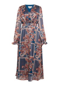 Rochie lungă dintr-un material ușor, având un model paisley în nuanțe de albastru, roșu și alb. Dispune de decolteu în V, mâneci lungi și o talie elastică.