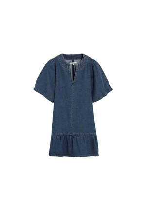 Vestido corto de denim azul oscuro con mangas de manga corta ligeramente abullonadas, escote redondo con corte en V, bordado floral sutil y dobladillo con volantes.
