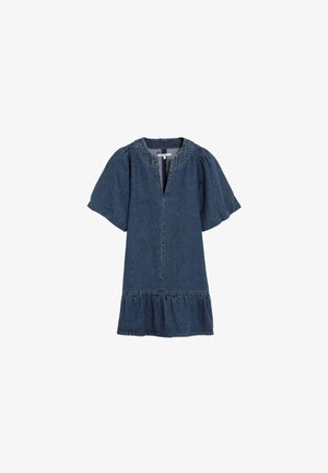 Robe courte en denim bleu foncé avec manches légèrement bouffantes, encolure ronde avec découpe en V, broderie florale subtile et ourlet volanté.