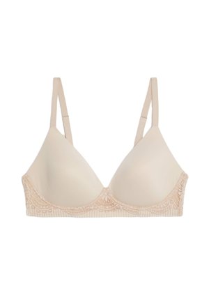 Light beige bra with smooth triangular cups, lace detailing along the band, and adjustable straps for customized fit.