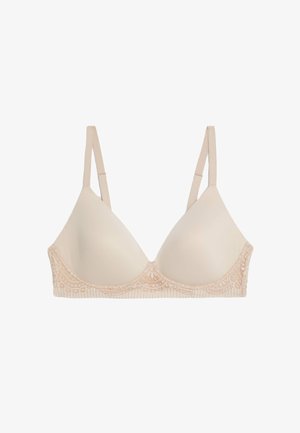 Helle beige BH mit glatten dreieckigen Cups, Spitzenverzierungen entlang des Bands und verstellbaren Trägern für eine individuelle Passform.