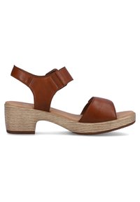 Brown leather sandal with wide toe strap and adjustable ankle strap, featuring a textured, light-colored block heel and smooth insole.
