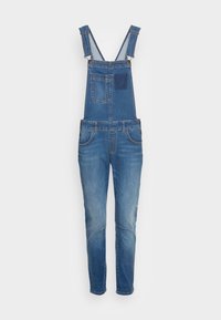 Denim-Overalls in mittlerem Blau, mit verstellbaren Trägern, einer Vordertasche und tapered Beinen mit leichter Ausbleichung und fransigen Details.