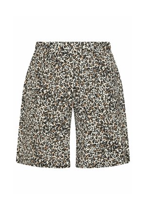 Shorts mi-genoux à imprimé léopard avec une ceinture élastique, présentant des taches noires et marron sur fond blanc.