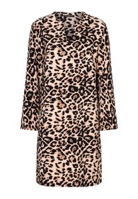 Robe à imprimé léopard avec un col en V, manches trois-quarts, en tissu doux affichant un schéma de couleurs rose et noir. Coupe décontractée et longueur au genou.