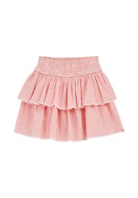 Roza krila s gingham vzorcem, s tremi nagubanimi tieri, elastikastim pasom in lahkim materialom. Ponuja mehak občutek in tekoč dizajn.