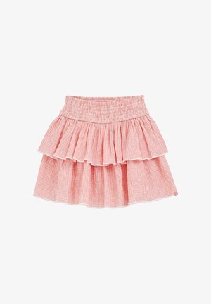 Rozā svārki ar gingham rakstu, kas sastāv no trim viļņotiem slāņiem, elastīga josta un viegla auduma. Iezīmējas ar maigu tekstūru un plūstošu dizainu.