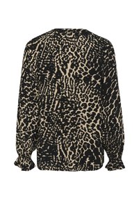Blúzka s leopardím vzorom s béžovým pozadím a čiernymi škvrnami, dlhými rukávmi, okrúhlym výstrihom a zberanými manžetami. Materiál sa zdá byť hladký.