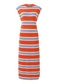 Gestreiftes Kleid mit breiten horizontalen Bändern in Orange, Hellblau und Creme. Hergestellt aus einem gerippten Strickstoff mit einer lockeren Silhouette.