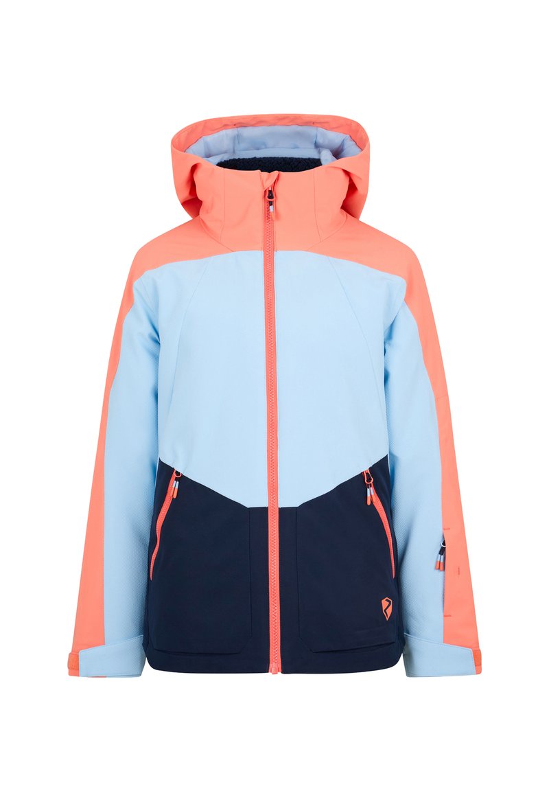 Color-blocked jacket featuring light blue, coral, and navy. Hooded design with zip closures and two front pockets. Textured fabric.