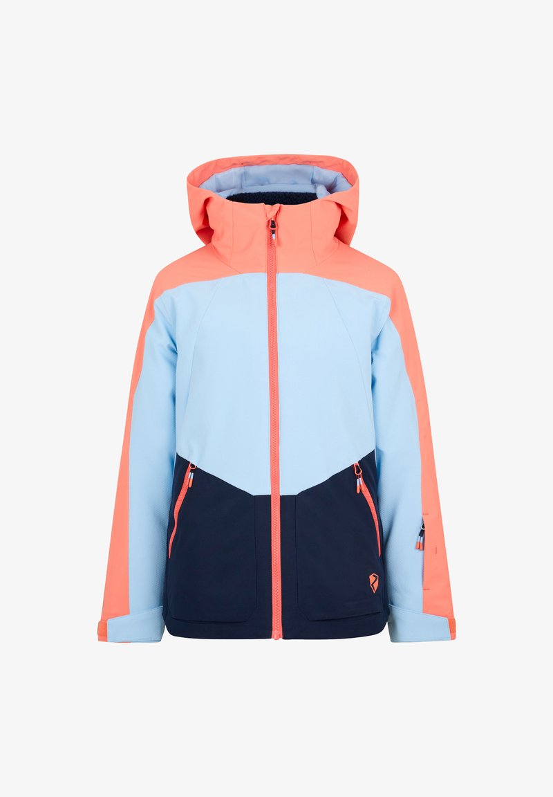 Color-blocked jacket featuring light blue, coral, and navy. Hooded design with zip closures and two front pockets. Textured fabric.