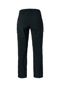 Schwarze Outdoor-Hosen aus einem dehnbaren Stoff, mit elastischem Bund, Reißverschlusstaschen und verstärkten Einsätzen an den Knien für zusätzliche Langlebigkeit.