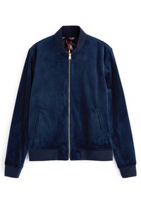 Granatowa kurtka bombowiec z miękkiego zamszu z złotym zamkiem błyskawicznym, ściągaczami na rękawach i dwiema bocznymi kieszeniami; posiada kontrastową podszewkę.