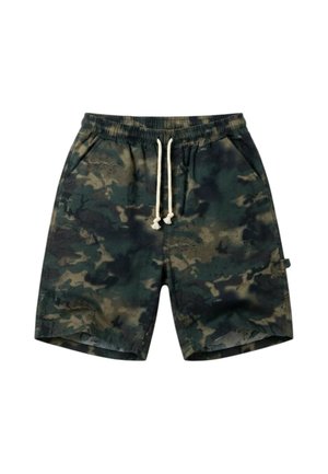 Pantaloncini mimetici verde scuro e neri con fascia elastica in vita, coulisse bianca e tasche laterali.
