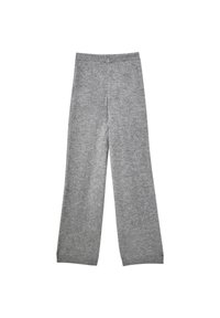 Pantalon gris en maille à jambes larges avec taille élastique et poignets côtelés, étalé à plat sur un fond blanc.