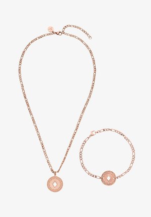 Roségoldener Halsketten- und Armbandsatz mit runden Medaillon-Anhängern, die diamantförmige Aussparungen und dekorative Kanten aufweisen.