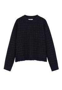 Pull en maille marine avec un motif texturé, un col rond côtelé et des détails à franges à l'ourlet. Manches longues avec poignets ajustés.