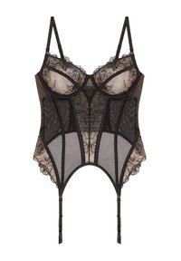 Corset en dentelle noire avec panneaux en maille transparente, bonnets à armatures, bretelles réglables et accents floraux. Il présente un design structuré et des attaches pour porte-jarretelles.