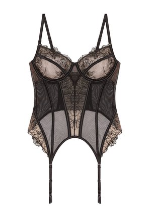Corsetto in pizzo nero con pannelli in rete trasparente, coppe con stecche, spalline regolabili e decorazioni floreali. Presenta un design strutturato e garter straps.