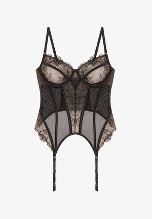 Corsetto in pizzo nero con pannelli in rete trasparente, coppe con stecche, spalline regolabili e decorazioni floreali. Presenta un design strutturato e garter straps.