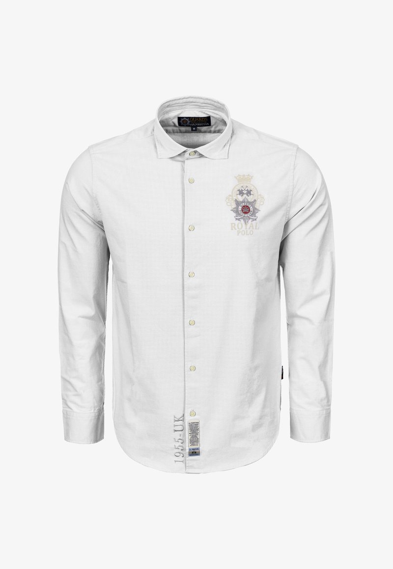 Camicia bianca a maniche lunghe con bottoni e collo, con stampa del logo Royal sul petto e cuciture decorative all'orlo.