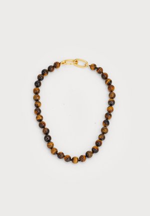 Bracciale di perline realizzato con pietre di occhio di tigre in diverse tonalità di marrone e nero, con un fermo metallico color oro.