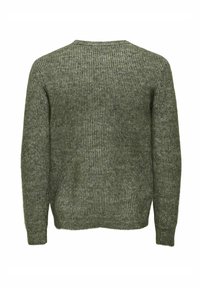 Zielony sweter z prążkowanego dzianiny z klasycznym okrągłym dekoltem, długimi rękawami i teksturowanym wzorem na plecach. Miękka tkanina, prosty i elegancki kształt.