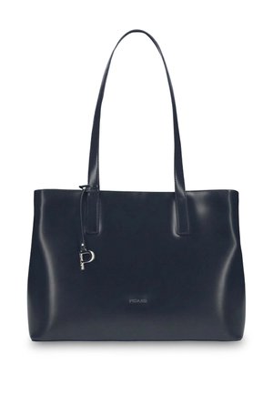 Black leather tote bag with dual shoulder straps, silver "P" charm, and subtle embossed brand name "PICARD" on front.