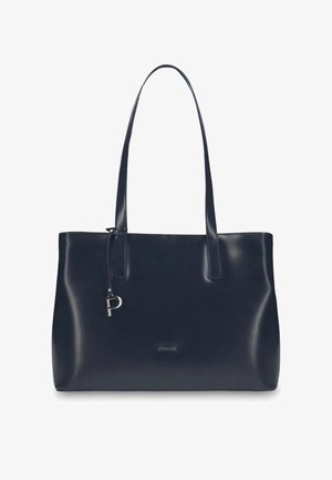 Black leather tote bag with dual shoulder straps, silver "P" charm, and subtle embossed brand name "PICARD" on front.